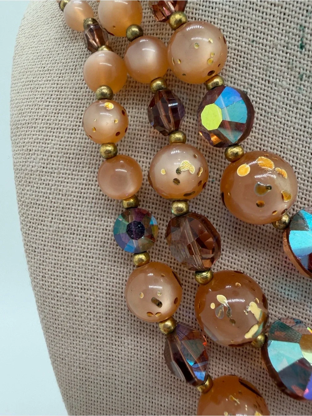 Vintage AB rhinestone and copper color plastic triple layer beaded necklace